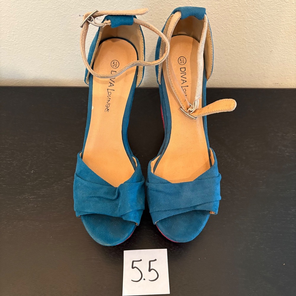 Diva Lounge Platform Wedge Sandals Ankle Strap Open Toe Teal Magenta Tan 5.5
